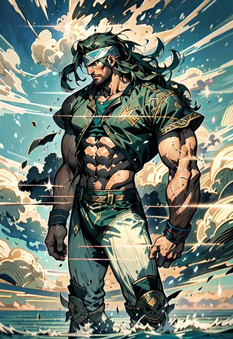 A middle-aged man, dark green long hair, wildly disheveled and exaggerated hairstyle, a headband, no eyebrows, a stern gaze, a well-defined facial structure, a tall and muscular physique, a fantasy-realistic style outfit, only a half-length windbreaker coa...