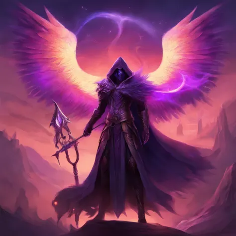 a phonk cover with a gliched dark angel of death with his scythe with puple as pricipal color