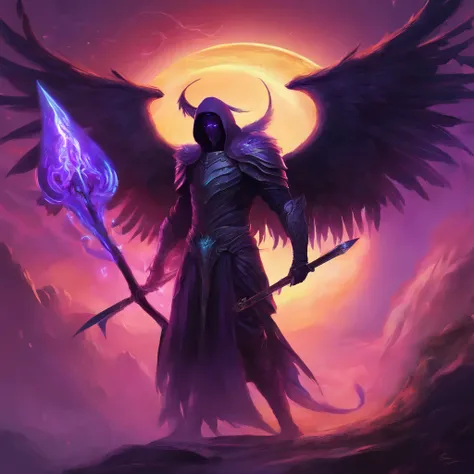 a phonk cover with a gliched dark angel of death with his scythe with puple as pricipal color