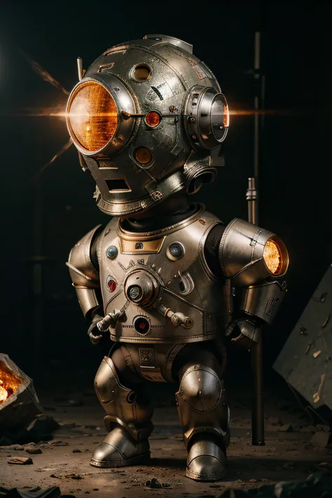 A toon Crazy whit a Big ONE a Only Eye Robot CCCP Soviet, and helmet Style, tongs in hands, Tv head, pinhead, camouflage Gold Silver Pink Rusty, Ambient in a meteorite crater super detailed, center, beautiful, soft lighting, focused on the character, 4K re...