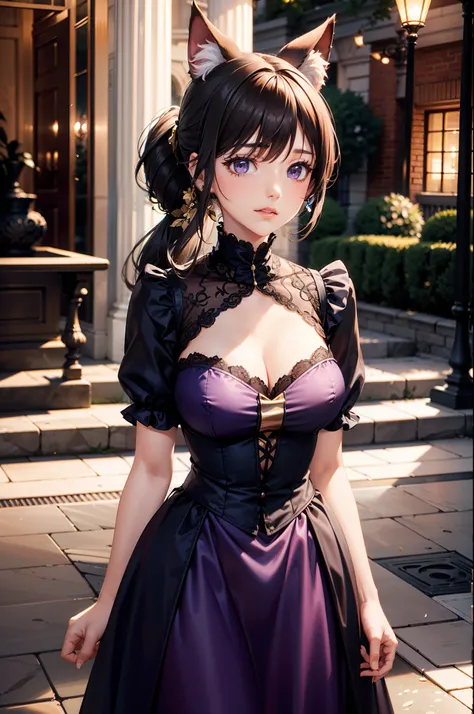 best quality, ultra detailed, full body, depth of field, purple wavy fluttering victorian dress with bronze details, teardrop breasts, long wavy ponytail, late evening, park riverside, animal ears, perfect anatomy,