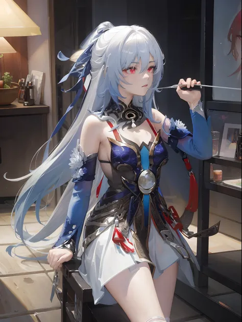 best quality, masterpiece, 1girl, red eyes, tied up light blue hair