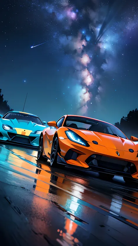 (masterpiece, best quality), high resolution, (8k resolution), (ultra detailed), The picture shows a car trail suspended in the starry sky, Two racing cars racing towards the camera, Super sports car, Plasma engine, Colorful planets and nebulae in the back...