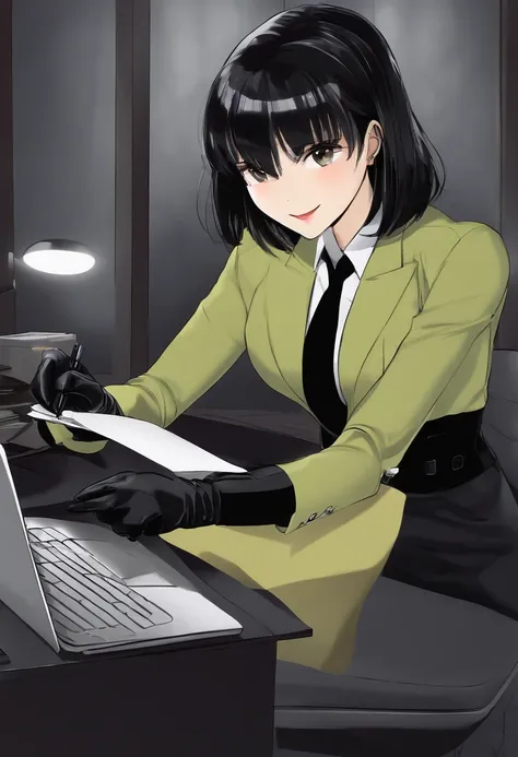 Wear black leather gloves on both hands, Upper body, In black suit, Desk facing modern study in the dark, Looking down, Smiling, Write a letter with a pen, Long, Straight black hair, Japanese female new employee with young cute face (Black leather gloves c...