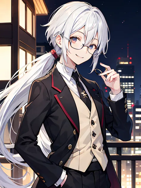 （masutepiece）（high-detail）male in his 20s、white  hair、poneyTail、tailcoat、neck tie、He wears round glasses with no rims、Hold your hat、Downtown at night、Smiling expression