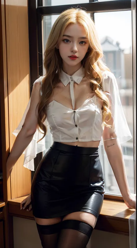 1 European and American vampire beauties:filigree，Royal Sister，Beauty model，White transparent shirt uniform（Short to the waist），revealing her belly，Black hip skirt，Hot and sexy body，Long flowing hair，Wear black stockings，Thin limbs，Snow-white skin，There is...