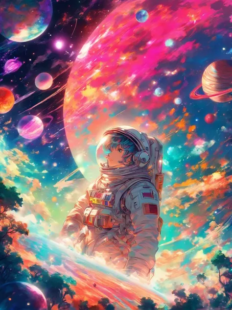 HD details, Close up of a man in a spacesuit, planets in the background, Psychedelic Cosmic Horror, psychedelic illustration, cosmic space, plants growing, The world of psychosis, Background Space Graphic Art, Space Illustration, cosmic space, Cosmic LSD P...