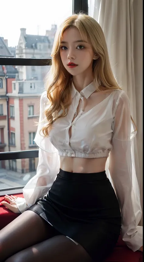 1 European and American vampire beauties:filigree，Royal Sister，Beauty model，White transparent shirt uniform（Short to the waist），revealing her belly，Black hip skirt，Hot and sexy body，Long flowing hair，Wear black stockings，Thin limbs，Snow-white skin，There is...