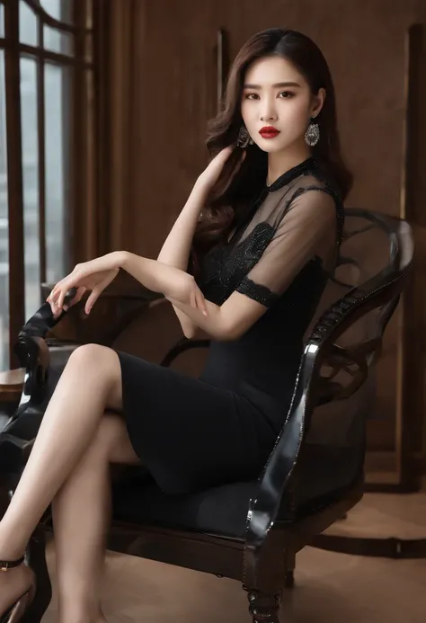 Sitting in a chair in a black dress，（Random gentleness）Korean female fashion model，Transparent and stylish matching，mesh shirt，Chrome clothes，Shiny silver，Luckily I showed up，Bigchest，best qualtiy， tmasterpiece， 超高分辨率， realisticlying，