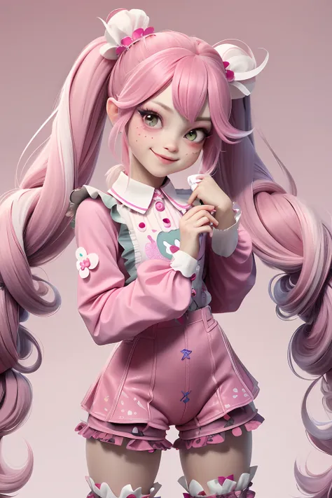 1GIRL, insane girl in long pink hair, crown, princess bubblegum style, finely detailed, (best quality), (intricate details), cute style, loli, jester style, multicolored, ((long pink messiest hair in pigtails)), best quality, ((long sleeve shirt and shorts...