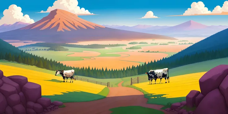 Anime Illustration Ranch Cow Landscape