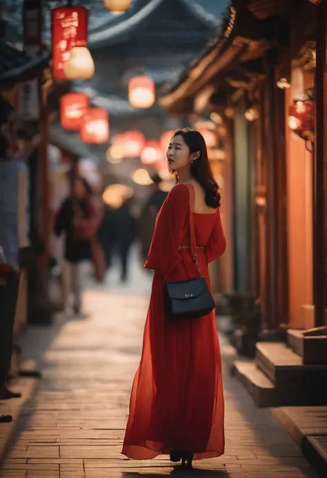 Korea girl walking on the street, cinematic style soft lighting glow effect