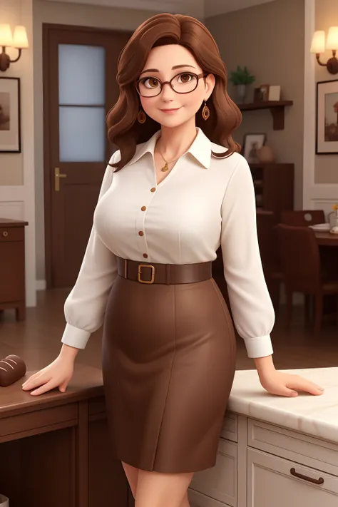 47-year-old woman, chubby, chocolate brown hair long below her shoulders, light brown eyes, cat-eye glasses, round face, white skin, formal style clothes.