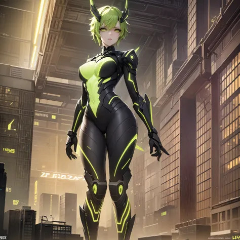 Masterpiece, Full Body Frame, One Beautiful Girl in Short Cuts pale skin, angry, short yellow-green hair, machine-made glowing green eyes, dynamic hair, perfect body, taut small breasts, very detailed, cyberpunk, neon, cinematic atmosphere, exact correct a...