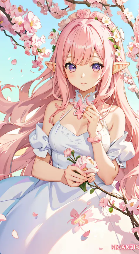 anime girl with pink hair and white dress surrounded by flowers, digital art on pixiv, beautiful anime art style, beautiful anime girl, cute anime waifu in a nice dress, sakura petals around her, zerochan art, anime artstyle, soft anime illustration, pixiv...