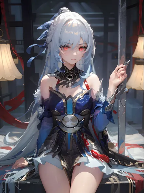 best quality, masterpiece, 1girl, red eyes, tied up light blue hair