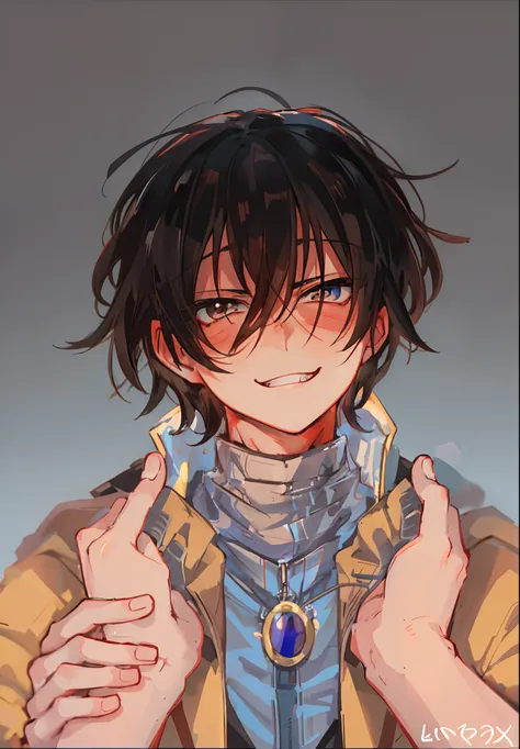 Anime boy with black hair and brown jacket gives a thumbs up, [[[[grinning evily]]]], grinning lasciviously, Anime boy, in an anime style, anime moe art style, self - satisfied smirk, portrait of ((Mischievous)), Anime style portrait, young anime man, rogu...