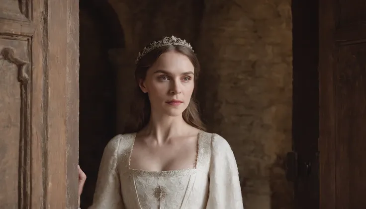 aged noble woman wearing a medieval white dress stands pressed against a closed wooden door, imprisoned in a stone castle room, cinematic, 8k, cinematic scene from film, eerie, gothic, day, in the cinematic style of Dion Beebe