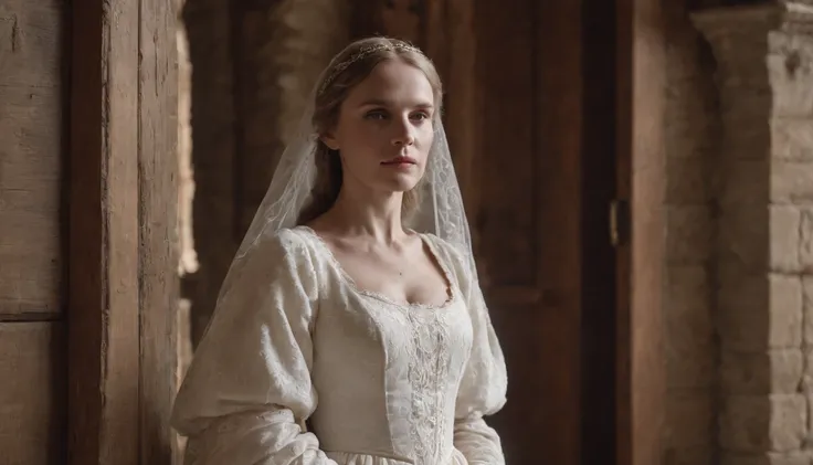 aged noble woman wearing a medieval white dress stands pressed against a closed wooden door, imprisoned in a stone castle room, cinematic, 8k, cinematic scene from film, eerie, gothic, day, in the cinematic style of Dion Beebe