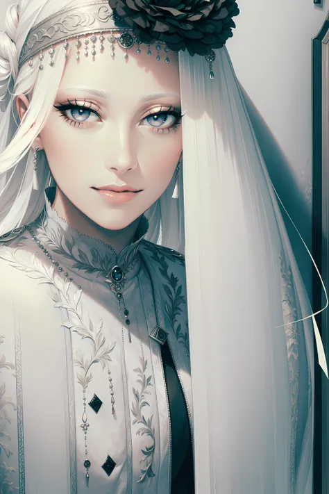 a veil on her head, grey veil, white hair, off-white, guvez art style, arrogant and heartless girl, half-squinted, white eyeball...