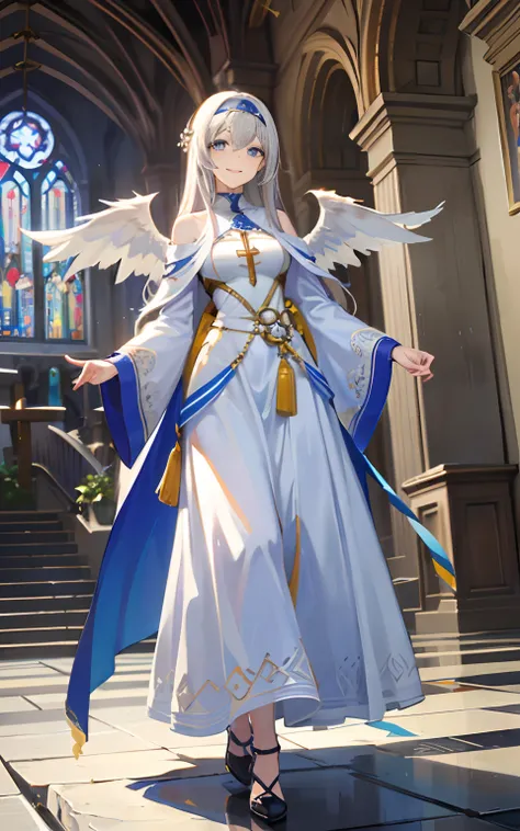 (Masterpiece: 1.5), (Best Quality: 1.5), Perfect Eyes, Perfect Face, Volumetric Lighting, 1 Woman, Mature Woman, (Whiteness: 5), angle, long grey hair, holy woman, church, long dress, small angle wings, smiling kindly, happy, full body, looking at the view...