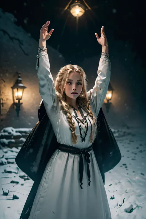 (best quality, highres, ultra-detailed), (HDR, studio lighting), (realistic:1.37), a woman with blond hair tied in a braid wearing classic Slavic white  dress and black cape with arms raised up, standing, dark winter night, snowing, dark theme