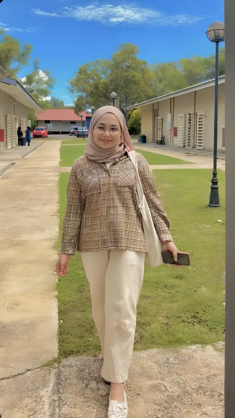 there is a woman walking down a sidewalk with a cell phone, inspired by Naza, inspired by Nazmi Ziya Güran, wearing elegant casual clothes, outfit photo, inspired by Shaddy Safadi, inspired by Basuki Abdullah, inspired by Mym Tuma, faridah malik, full body...