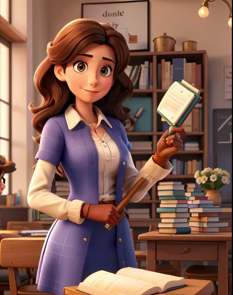 A brunette teacher on the right side with her arm raised behind her, a Portuguese woman and on the left a table with books on the table and a mace on top of her gloves