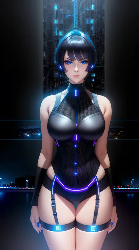 25-Year-Old Woman, Full Body, Adult, Dark Blue Water-Colored Eyes, Bright Neon Lighting, Black Bob Short Hair, strip club outfit, lace underwear, Serious Face, Realistic Face Resolution, Realistic, Object Resolution, (dark city night black background:1.4)