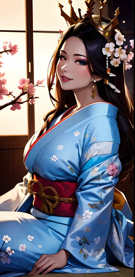 (Masterpiece, Best Quality:1.3), highres, Manga, cowboy shot, (ultra-detailed), highly detailed portrait of a beautiful queen, long hair, sitting, fetal_position, [upright], curvy, (1girl), ((lips)), (nose), ((long face)), mature female, blossom tree, sedu...