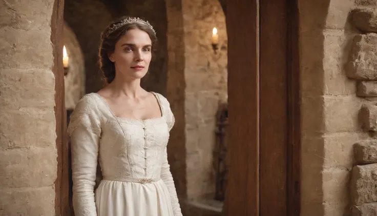 aged noble woman wearing a medieval white dress stands next to a closed wooden door, imprisoned in a stone castle room, cinematic, 8k, cinematic scene from film, eerie, gothic, day, in the cinematic style of Dion Beebe