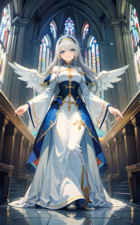 (Masterpiece: 1.5), (Best Quality: 1.5), Perfect Eyes, Perfect Face, Volumetric Lighting, 1 Woman, Mature Woman, (Whiteness: 5), angle, long grey hair, holy woman, church, long dress, small angle wings, smiling kindly, happy, full body, looking at the view...