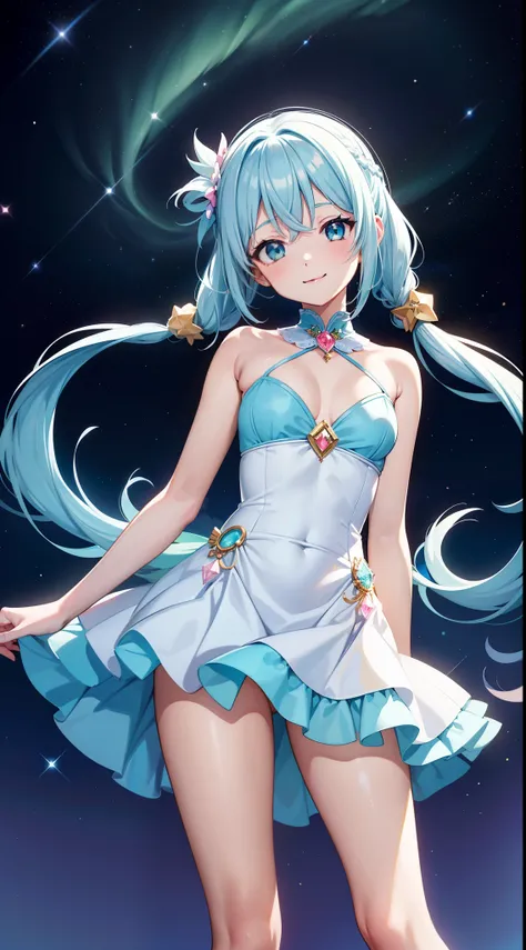 Super Idol　a beauty girl　adorable smiling　sky blue hair　length hair　Facing straight ahead　Looking at the camera　Twin-tailed　Colorful ruffled leotard outfit in sparkly white and pale green and pink and white　Mystical　Fantasia　constellation　a moon　Crystal Br...