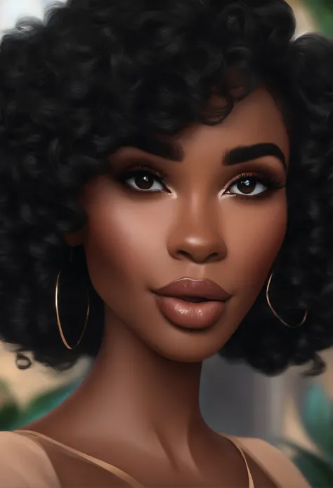 Um filme inspirado na Disney Pixar (BLACK WOMAN WITH SHORT MEDIUM HAIR CURLY BLACK) dentro A cena estar na arte distinta do estilo PIXAR, cool and stylish and with brushes and makeup products in hand