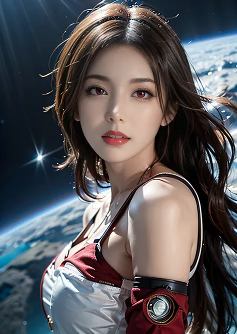 RAW, Masterpiece, Super Fine Photo,, Best Quality, Ultra High Resolution, Photorealistic Photorealism, Sunlight, Full Body Portrait, Amazing Beauty,,Dynamic Pose,Delicate Face,Vibrant Eyes,(From the side), She Wears Futuristic Iron Man Mech, Red and Gold C...