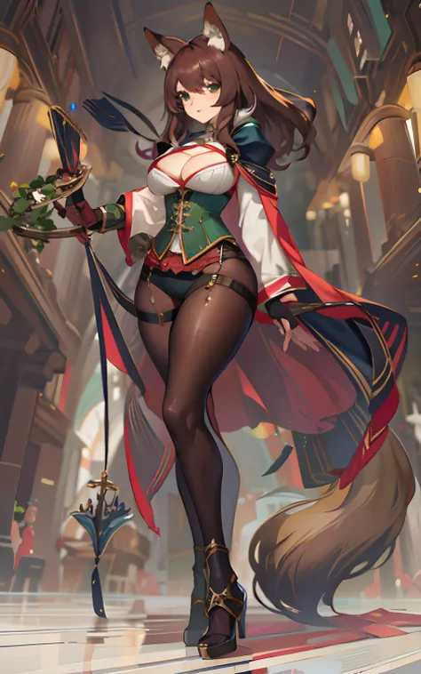 (Masterpiece: 1.5), (Best Quality: 1.5), Perfect Eyes, Perfect Face, Volumetric Lighting, 1 Woman, Mature Woman, (Whiteness: 5), fox ears, fox tail, dark brown hair, green eyes, long hair, high leg g string, corset, leather, massive breasts, massive cleava...