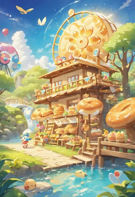 A night scene in a country where everything is made of bread、A train made of bread has a donut tire、Bread is growing on a tree、There is a faucet on the wood where you can put cream in it.、Honey Waterfall、Milk Lake、Jam jar Ferris wheel、Melon bread parasol、A...