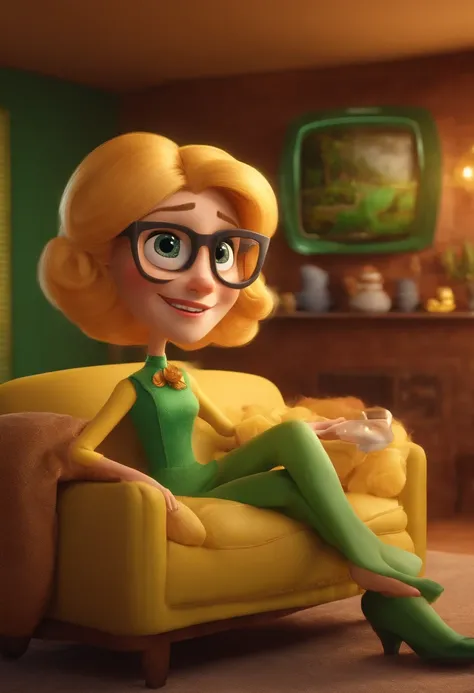 Pixar style image with 3D character golden glasses, mulher branca, de cabelos loiros, com rolinho de cabelos na cabeca, roupa verde, usando avental de cozinha, com uma sala atras, sofa, mesa com cadeiras e televisao