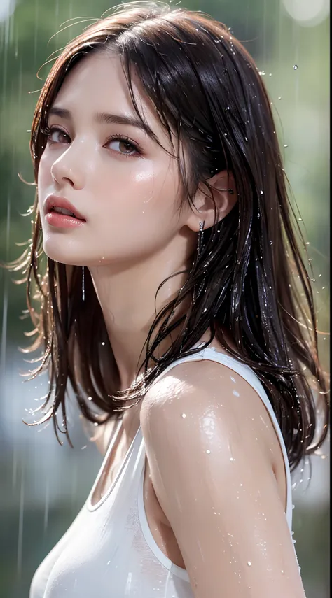 (Best quality, 4k, Masterpiece :1.3), pretty woman, 1girl, sexy :1.1, dark brown hair: 1.1, (rainy wet, wet from rain, wet body :1.2), white tank tops, ultra-detailed face, detailed lips, detailed eyes, double eyelid