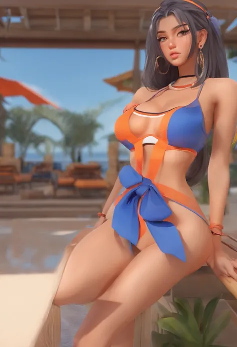 Anime girl in a thong, huge ass, big breasts, tanned brown skin, fit body, from behind, blushed face, sexy face, blue and orange panties, blue and orange bra, by a pool in a beach, long blue and black striped hair, blue eyes, hoop earrings, armlets, sexy