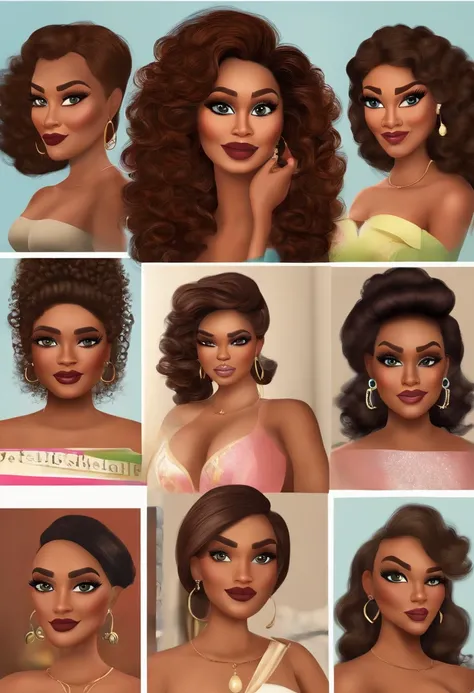 A film inspired by Disney Pixar, 50 years old mulatto woman with medium hair, short, brown, dark curly ) dentro A cena estar na arte distinta do estilo PIXAR, descolada e estilosa trabalha como maquiadora,With brushes and makeup products in hand ready to d...