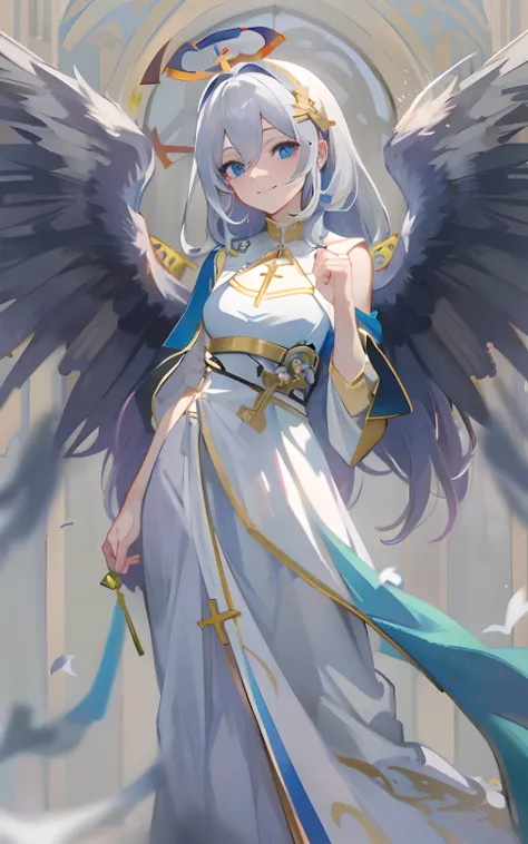 (Masterpiece: 1.5), (Best Quality: 1.5), Perfect Eyes, Perfect Face, Volumetric Lighting, 1 Woman, Mature Woman, (Whiteness: 5), angle, long grey hair, holy woman, church, long dress, small angle wings, full body, looking at the viewer, blue eyes, headband...