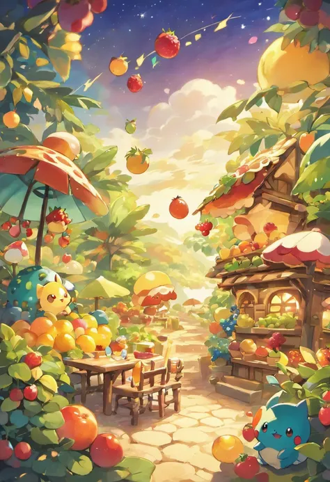 Night view of the land of berries、Fantastic atmosphere、Faraway view、Berries everywhere、A house made by hollowing out fruit、Rides made of fruit、Table made of fruit、Parasols made of fruit、A sparkling world、Retro design