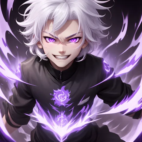 hight resolution,close range、Anime boy with white hair and purple eyes staring at camera, Glowing purple eyes,slim, dressed in a black outfit,Shadow Body,de pele branca,monochromes,hair messy,Aggressive smile、Diagonal angle、Vortex of purple flames