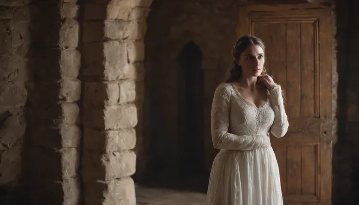 aged noble woman wearing a medieval white dress stands next to a closed wooden door, imprisoned in a stone castle room, there is a feeling of helplessness and anger from the woman, the stone room she is imprisoned in is dark and small, sinister, scary, int...