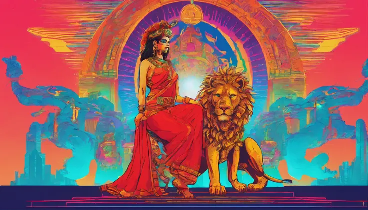 (highly detailed), (illustration), (complex), (beautiful face), (attractive body), (full body image), modern Indian goddess, Hinduism, (sheer red sari), (visible natural breasts), (NSFW) , dynamic pose, deity crown, (lion close), colorful, attractive, heav...