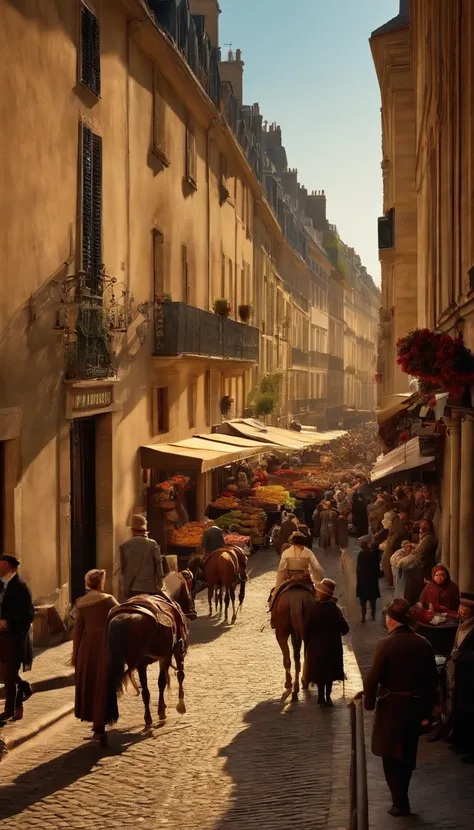 17th-century rue de Paris, Wide street view, People on the street, Daytime, Market life, Horses, crowd