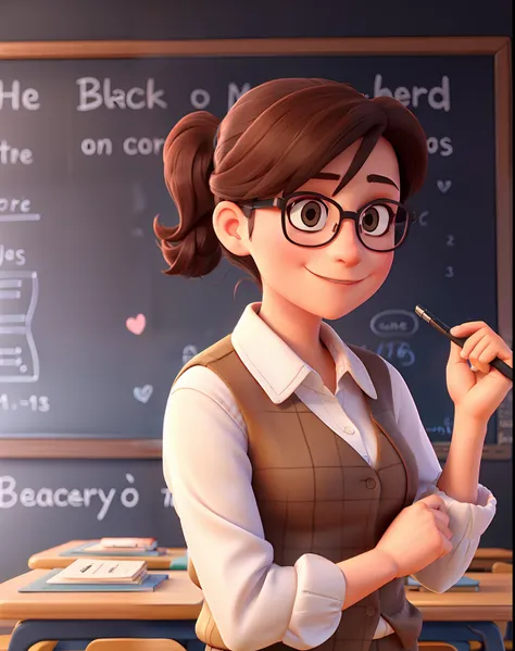 A teacher with glasses in front of a blackboard