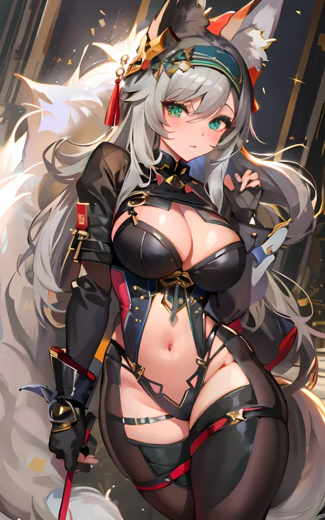 (Masterpiece: 1.5), (Best Quality: 1.5), Perfect Eyes, Perfect Face, Volumetric Lighting, 1 Woman, Mature Woman, (Whiteness: 5), fox ears, fox tail, dark brown hair, green eyes, long hair, high leg g string, corset, leather, massive breasts, massive cleava...