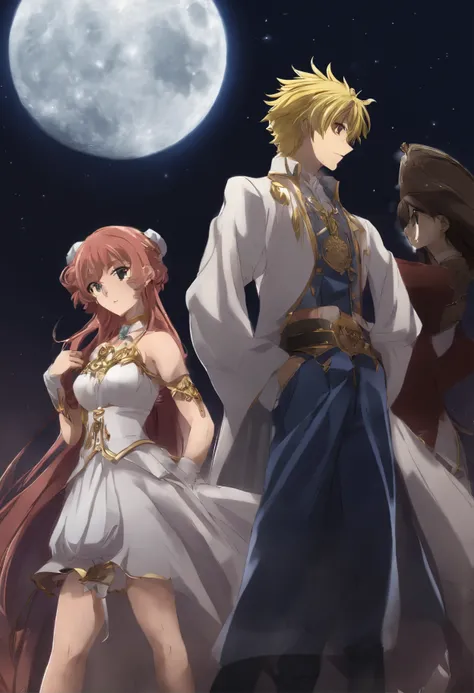 anime characters standing in front of a full moon, seven deadly sins anime, seven deadly sins, anime”, fan art, wallpaper!, todays featured anime still, official art, anime masterpiece, official anime still, gainax anime style, highschool dxd, code geass, ...